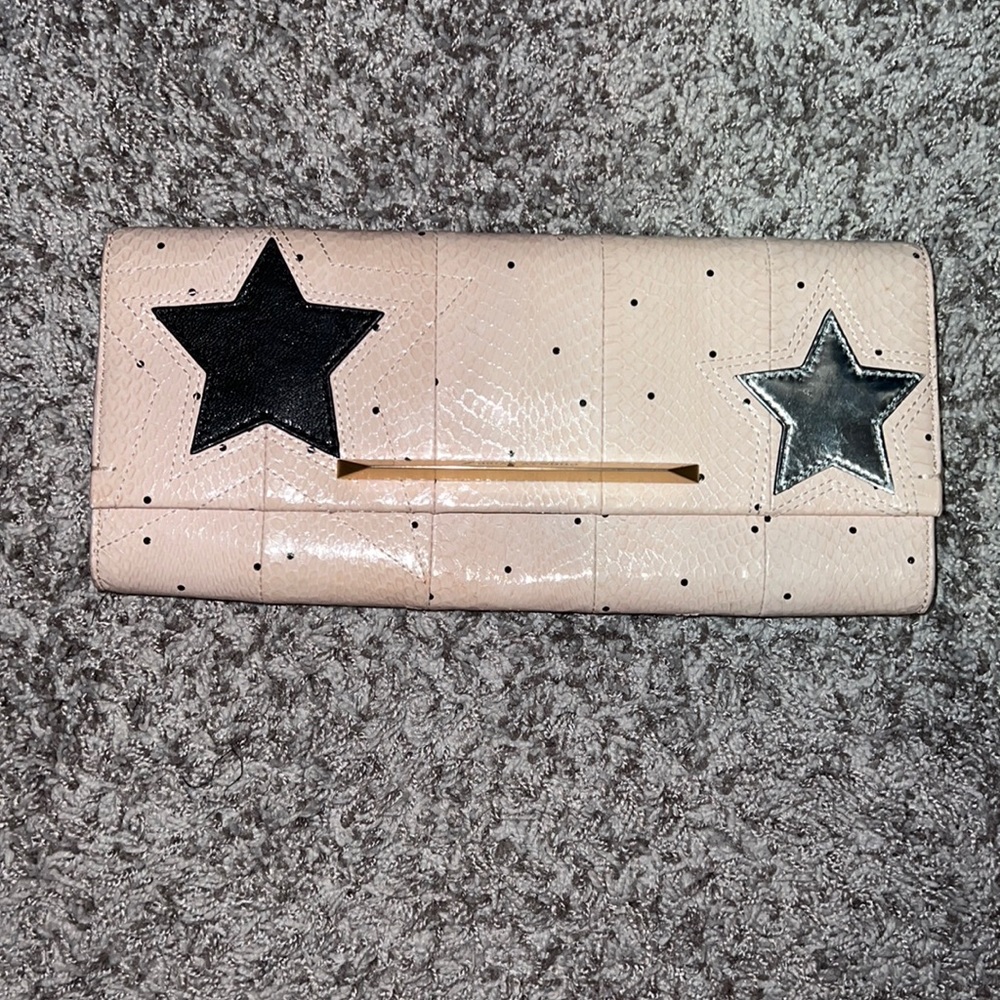 Brian Atwood Embossed Leather Pink Star Clutch. Good condition.